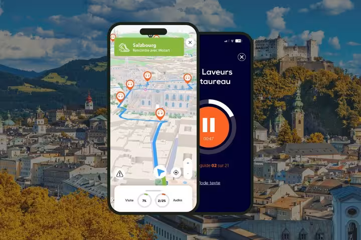 Salzburg self-guided audio walking tour app showing GPS map navigation and audio guide on two smartphones