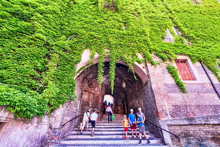 Visitors climb ivy-covered stone steps to the entrance of San Clemente Basilica in Rome during an exclusive underground tour