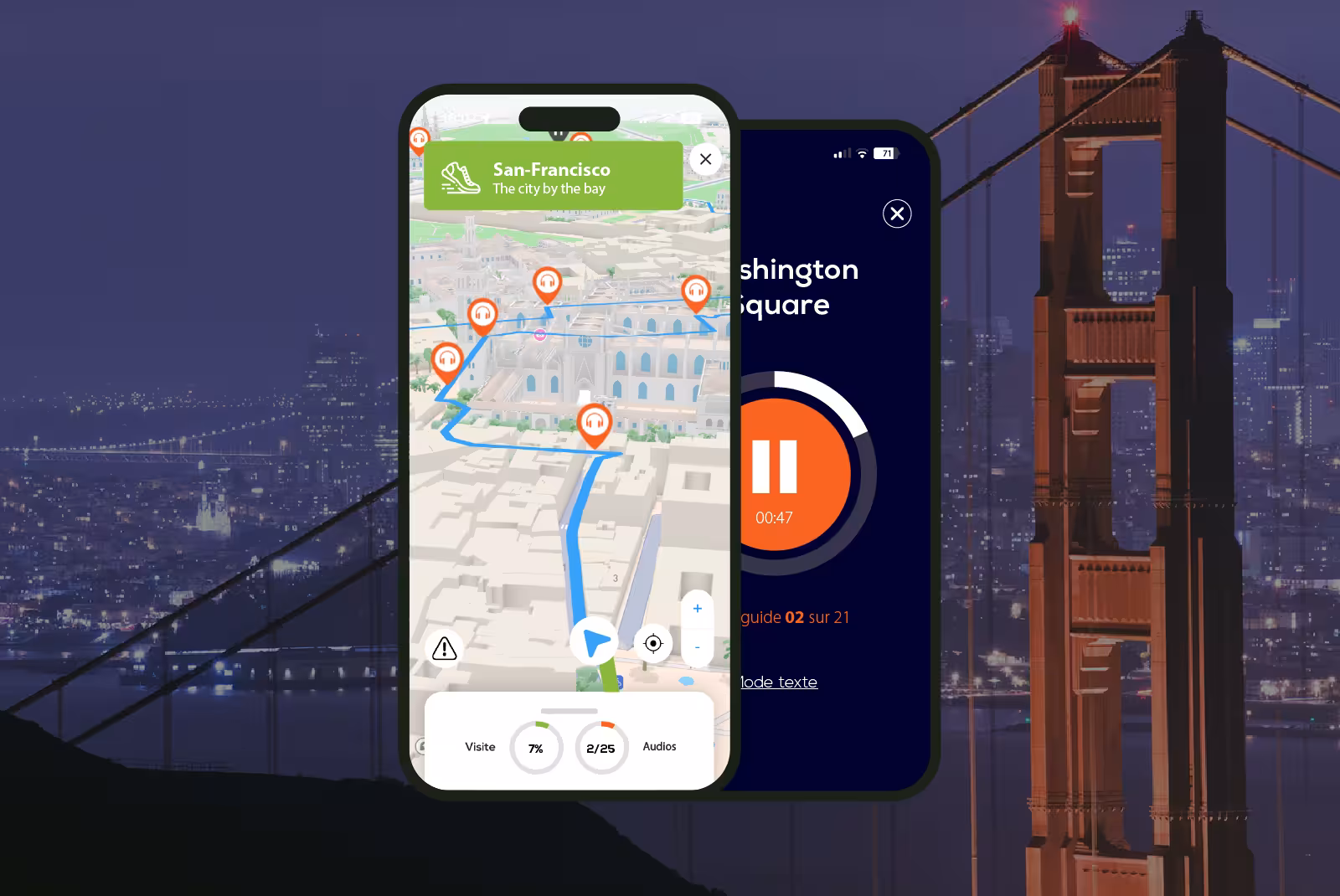 San Francisco audioguide mobile application interface on smartphone with the Golden Gate in the background.