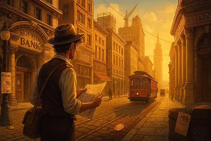Man with map on historic San Francisco street during Gold Rush era with trolley and bank buildings