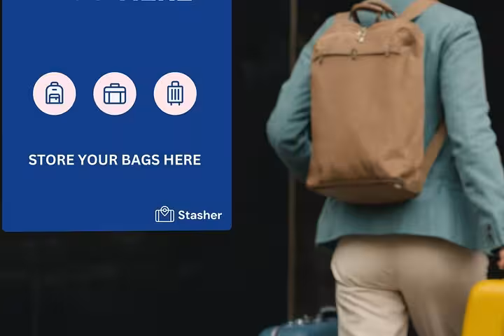 Traveler with backpack and suitcase by “Store your bags here” sign for Tenderloin San Francisco storage