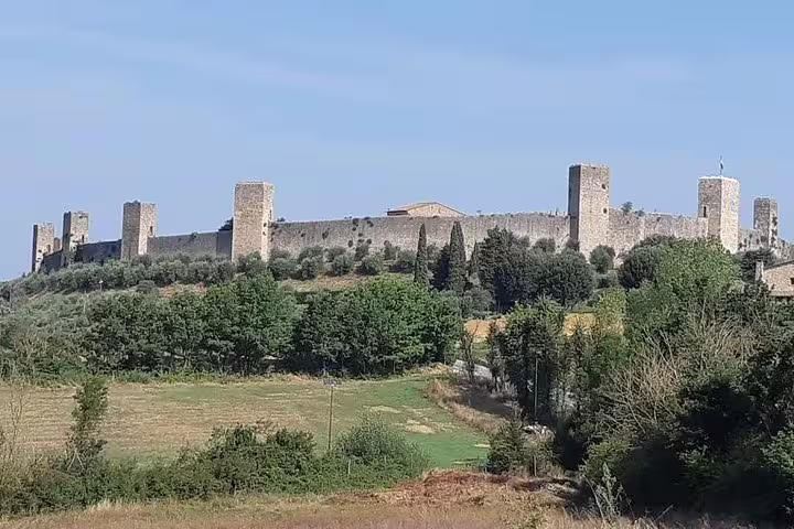 Hilltop walled fortress surrounded by vineyards and cypress trees on a private San Gimignano and Volterra wine tour