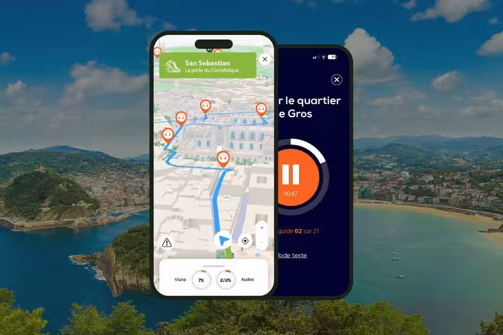 San Sebastian self-guided audio walking tour app showing GPS map with marked points of interest and audio guide player