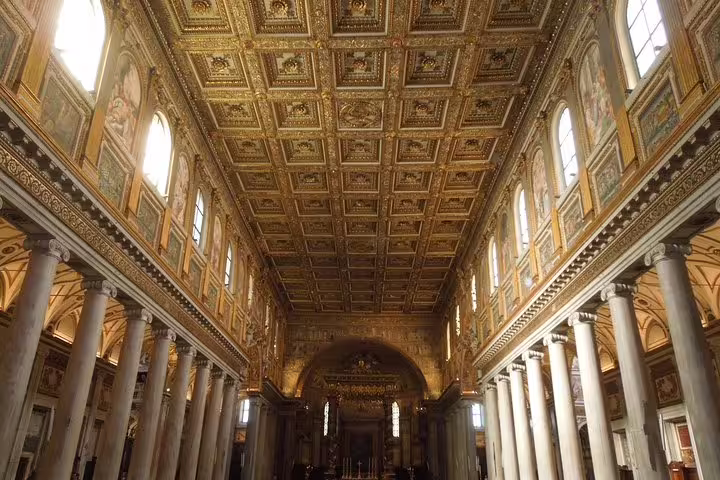Golden ornate interior nave of Santa Maria Maggiore basilica on Monti Rome street food sightseeing tour
