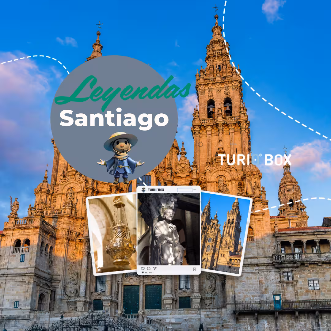 Santiago Cathedral facade promo for Leyendas Locales + Museo Catedral tour, with legends theme and highlights