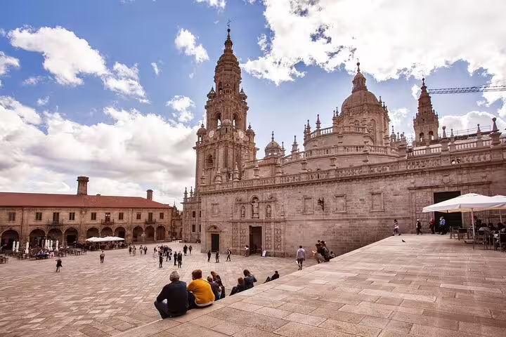 Stunning view of Santiago de Compostela Cathedral, the final destination of the Porto to Santiago Compostela journey.