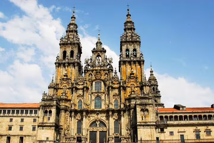 Stunning facade of Santiago de Compostela Cathedral, a highlight of the Santiago and Valença do Minho full-day tour.