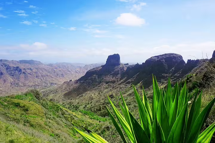 Mountain valley view on Santiago Island, scenic landscape along private airport transfer route to Rui Vaz