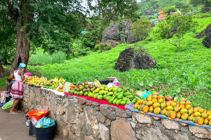 Local vendor displaying fresh tropical fruits on a stone wall in Santiago Island’s vibrant countryside setting.