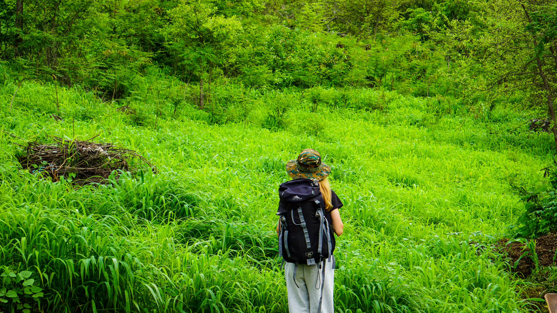 Backpacker on vibrant green path in Santiago Island's Rui Vaz, capturing the essence of Cape Verde's natural beauty.