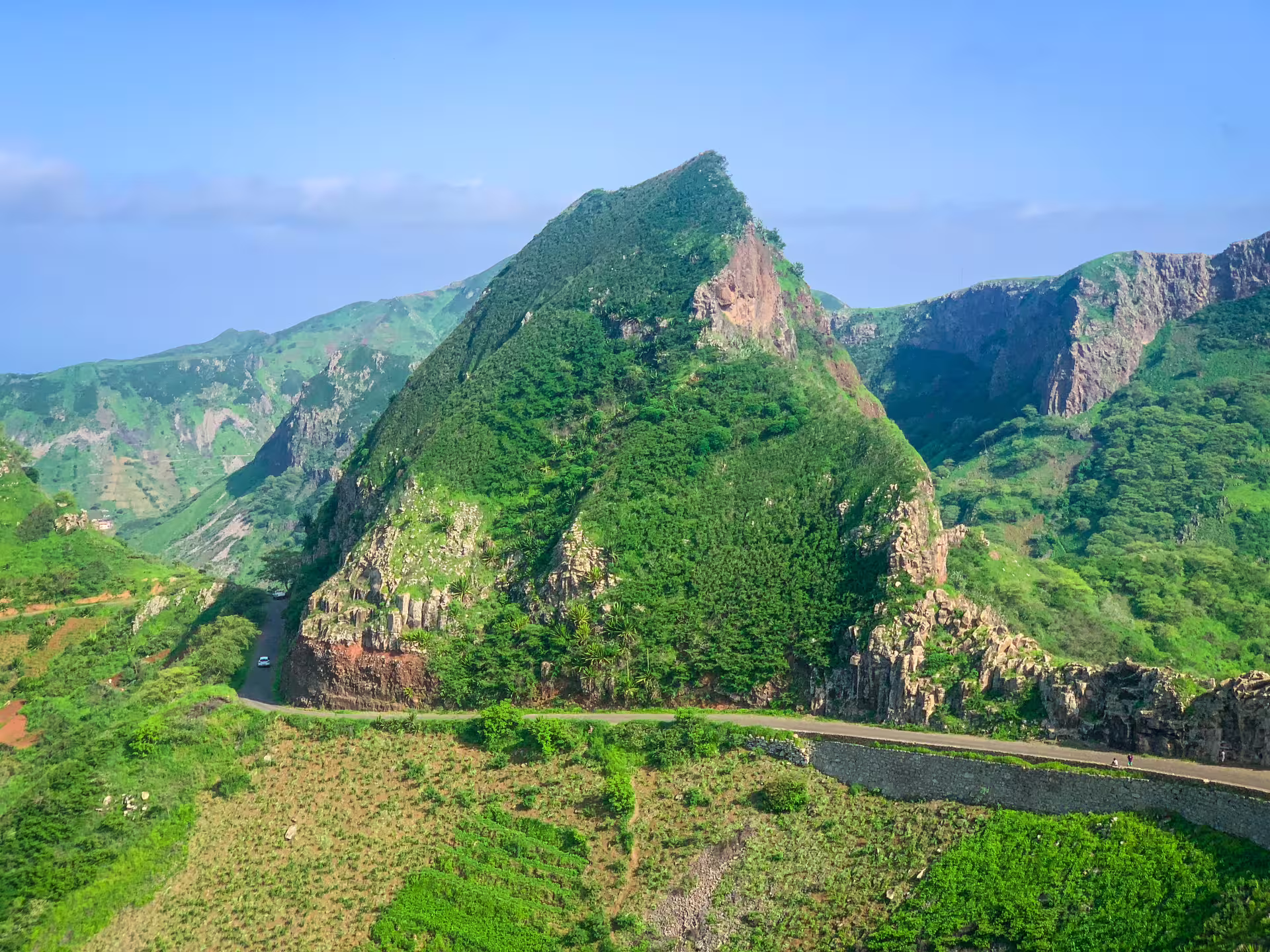 Stunning view of mountainous landscape on Santiago Island, highlighting the natural beauty of Rui Vaz hike.