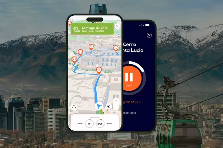 Smartphone showing GPS audio guide app with 3D map of Santiago de Chile and Cerro Santa Lucia tour stop