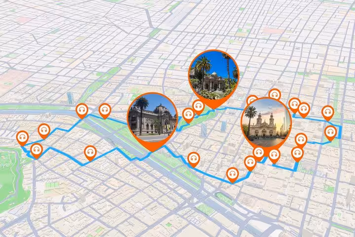 GPS audio guide map of Santiago walking tour with marked landmarks including a cathedral and historic buildings