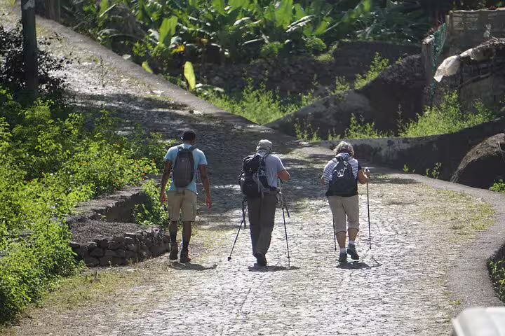 Three hikers exploring a cobblestone path surrounded by lush greenery on a Santo Antão discovery tour.