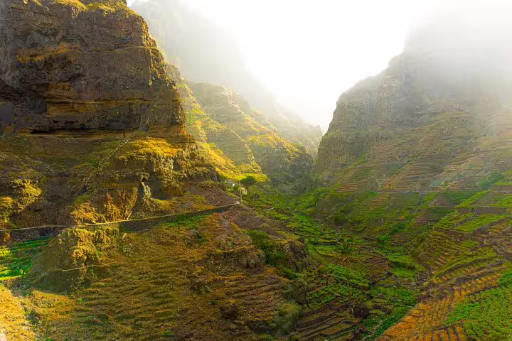 Breathtaking view of lush terraced hillsides in Santo Antão on the Ponta do Sol to Cruzinha hiking trail.