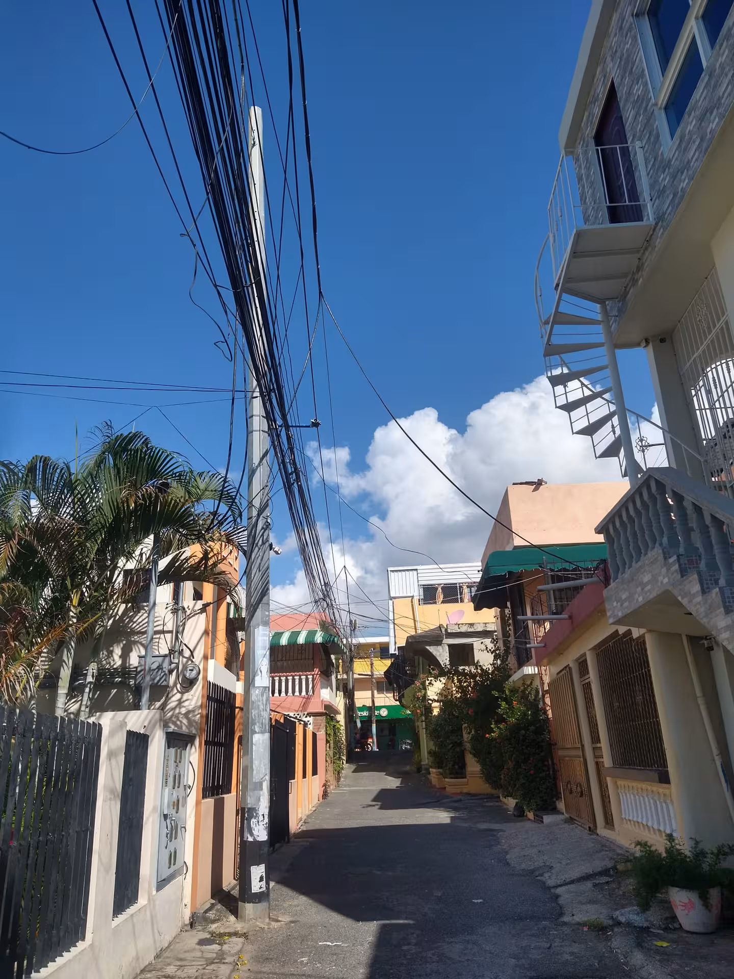 Colorful Santo Domingo neighborhood street with balconies and palms, authentic Dominican culture walk
