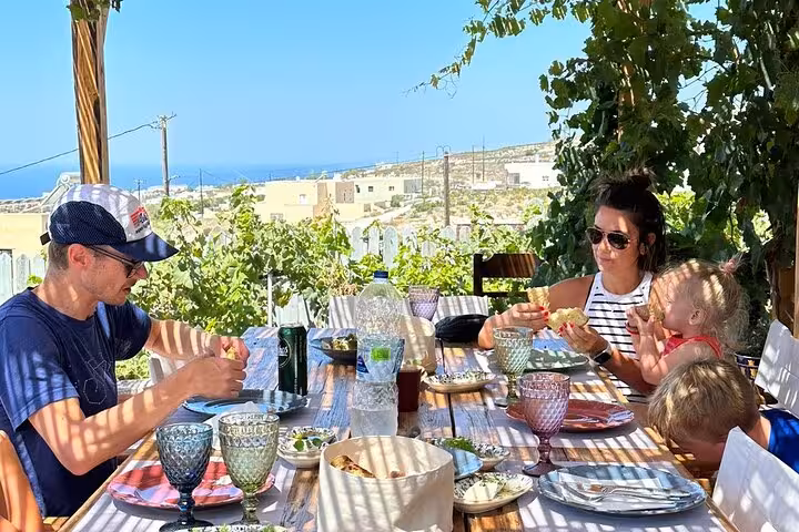 Family enjoying outdoor farm-to-table lunch in Santorini village vineyard setting on authentic villages tour