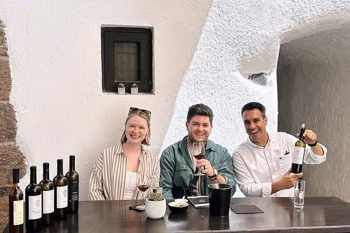 Small group wine tasting at Santorini Wine Museum with sommelier, local wines lined up and snack pairings