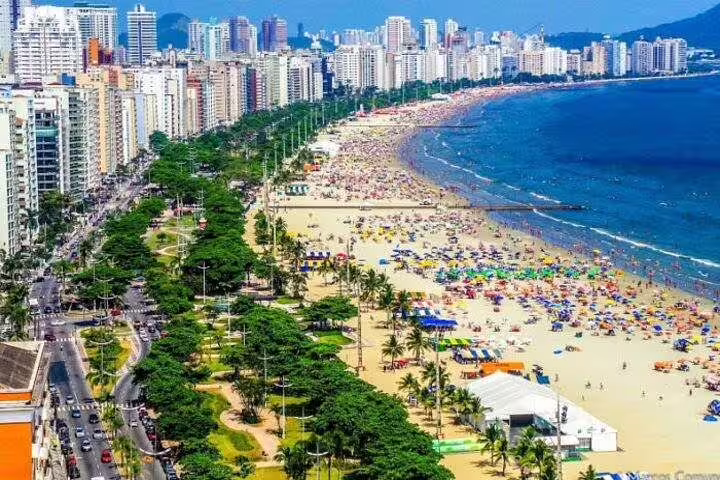 Aerial view of Santos beach lined with umbrellas and high-rise buildings on a sunny day during the tour.