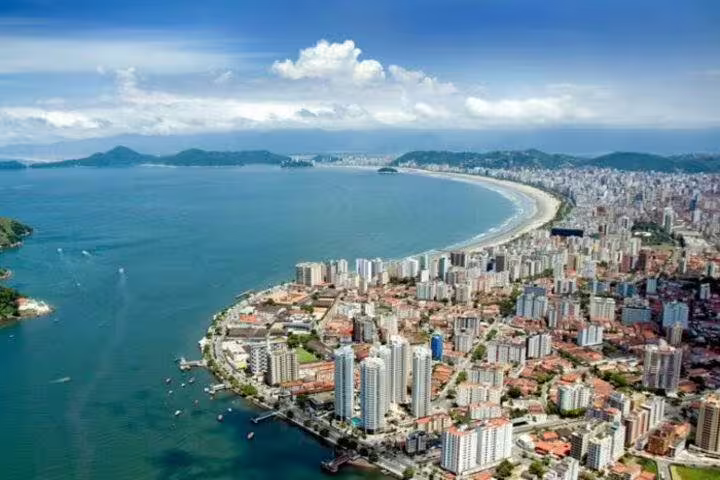 Stunning aerial view of Santos' coastline and cityscape, a highlight of the 7-hour shared group tour.