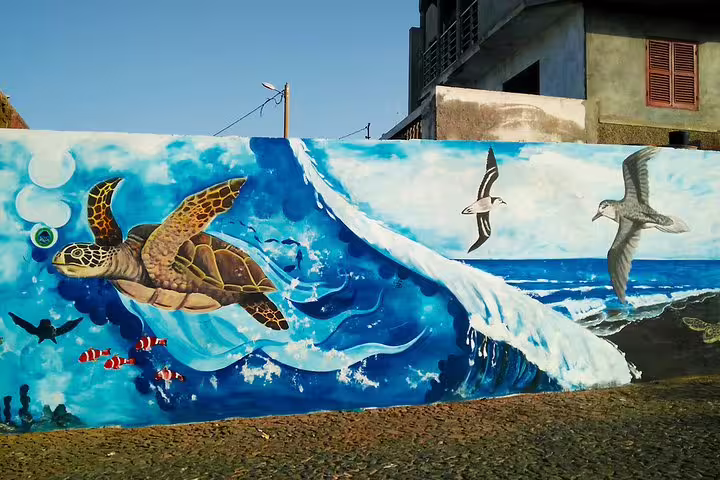 Colorful mural of sea life on a wall in São Filipe, featuring a turtle and seagulls, perfect for a cultural tour stop.