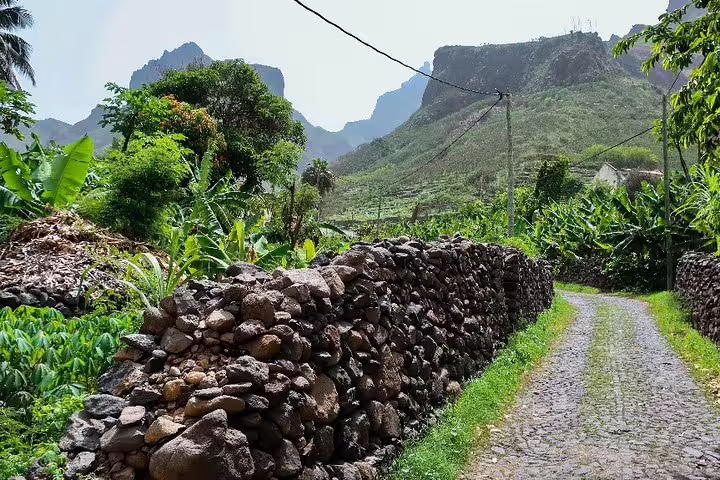 Charming stone path surrounded by lush greenery and mountains in São Nicolau, ideal for an island experience.