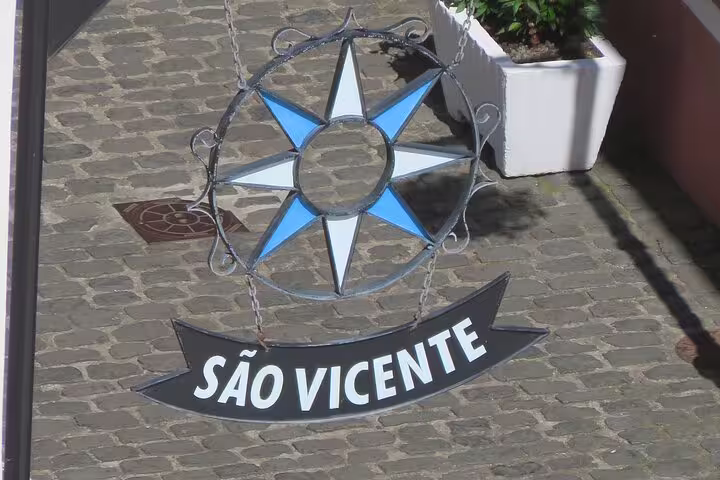 São Vicente sign on cobblestone street, highlighting the starting point for a scenic 4x4 adventure tour in Madeira.