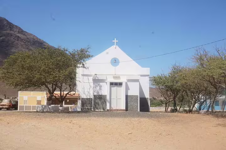 White chapel in São Vicente, a scenic stop along the private airport transfer route to Lazareto, Cape Verde