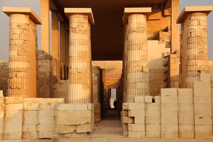 Ancient limestone columns at Saqqara archaeological site, part of Cairo private tour to Giza Pyramids, Memphis and lunch