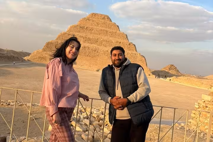 Travelers at Saqqara Step Pyramid on a private tour to Memphis and Dahshur Red Pyramid from Cairo