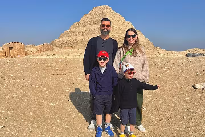 Family photo at Saqqara Step Pyramid during Grand Egyptian Museum, Memphis and lunch private day tour