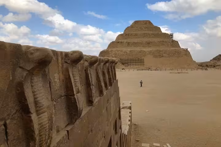 View of Saqqara Step Pyramid with temple wall carvings, private Giza Pyramids, Memphis tour and camel ride