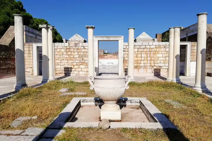 Ancient marble courtyard and columns at Sardis ruins on Istanbul to Seven Churches of Asia Minor tour