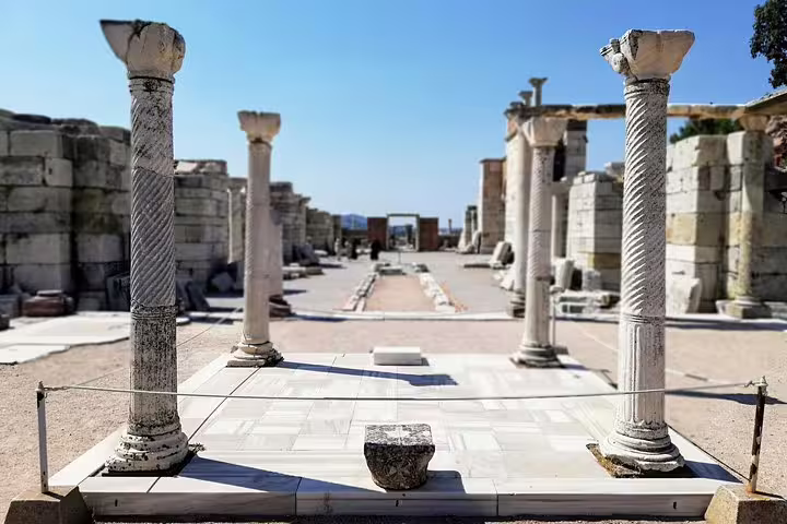 Ancient marble columns at Sardis synagogue ruins, Seven Churches of Revelation mini group tour from Istanbul