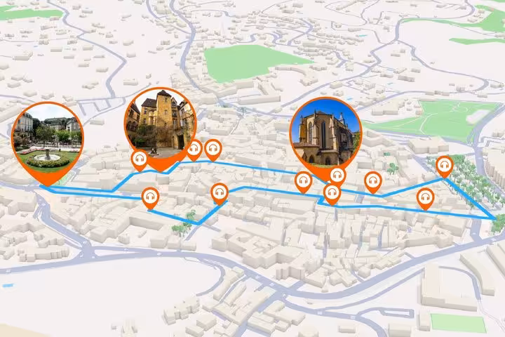 3D map of Sarlat-la-Caneda self-guided audio walking tour route with orange pins marking historic landmarks