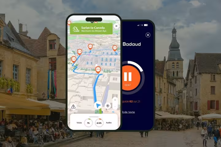 Badaud app showing Sarlat-la-Caneda self-guided walking tour map and audio guide on two smartphones