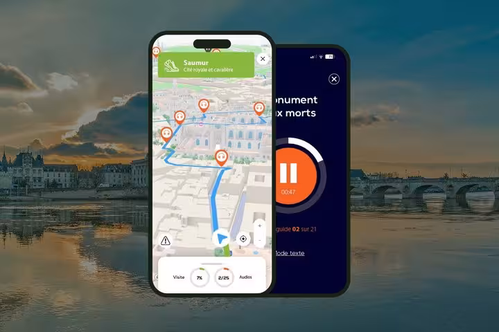 Saumur self-guided walking tour app showing GPS map route and audio guide on two smartphones