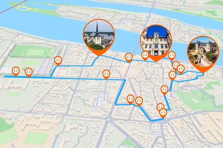 Saumur self-guided walking tour map with GPS audio guide stops and landmark photos