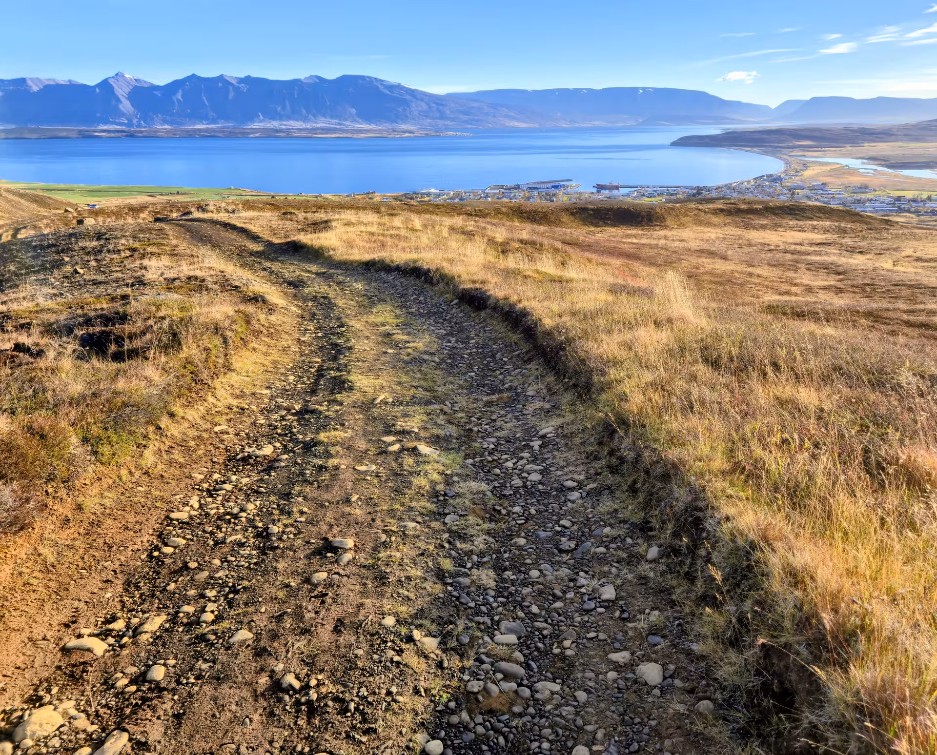 Rocky mountain trail overlooking a blue fjord and town below on a sunny day in Iceland