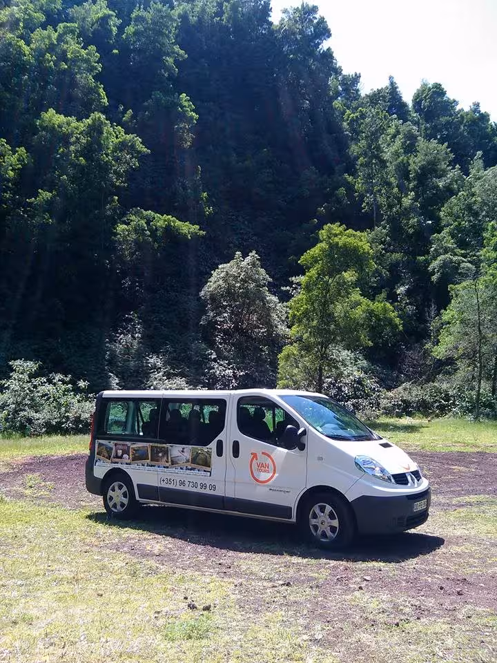 Tour van parked in a green valley below dense forest, Northeast full-day scenic tour to historic settlements