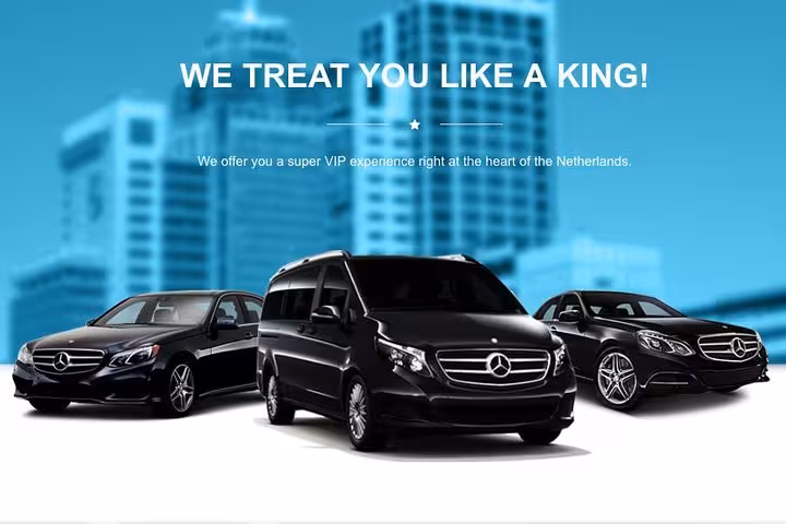 Luxury Mercedes sedan and van for Schiphol Amsterdam Airport private arrival transfer, VIP chauffeur service