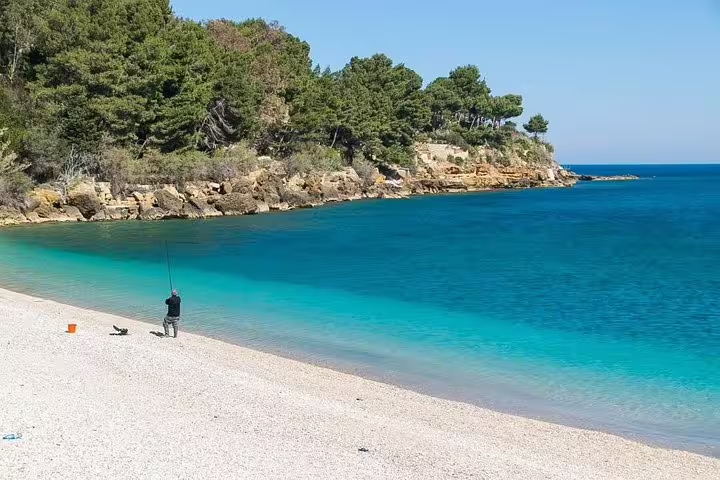 Quiet pebble beach with turquoise water and pine-covered cliffs on a private Scopello coastal tour from Palermo