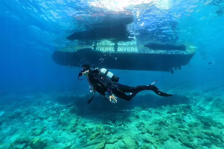 Diver exploring vibrant marine life under a boat during a scuba tour from Kusadasi, showcasing clear Aegean waters.