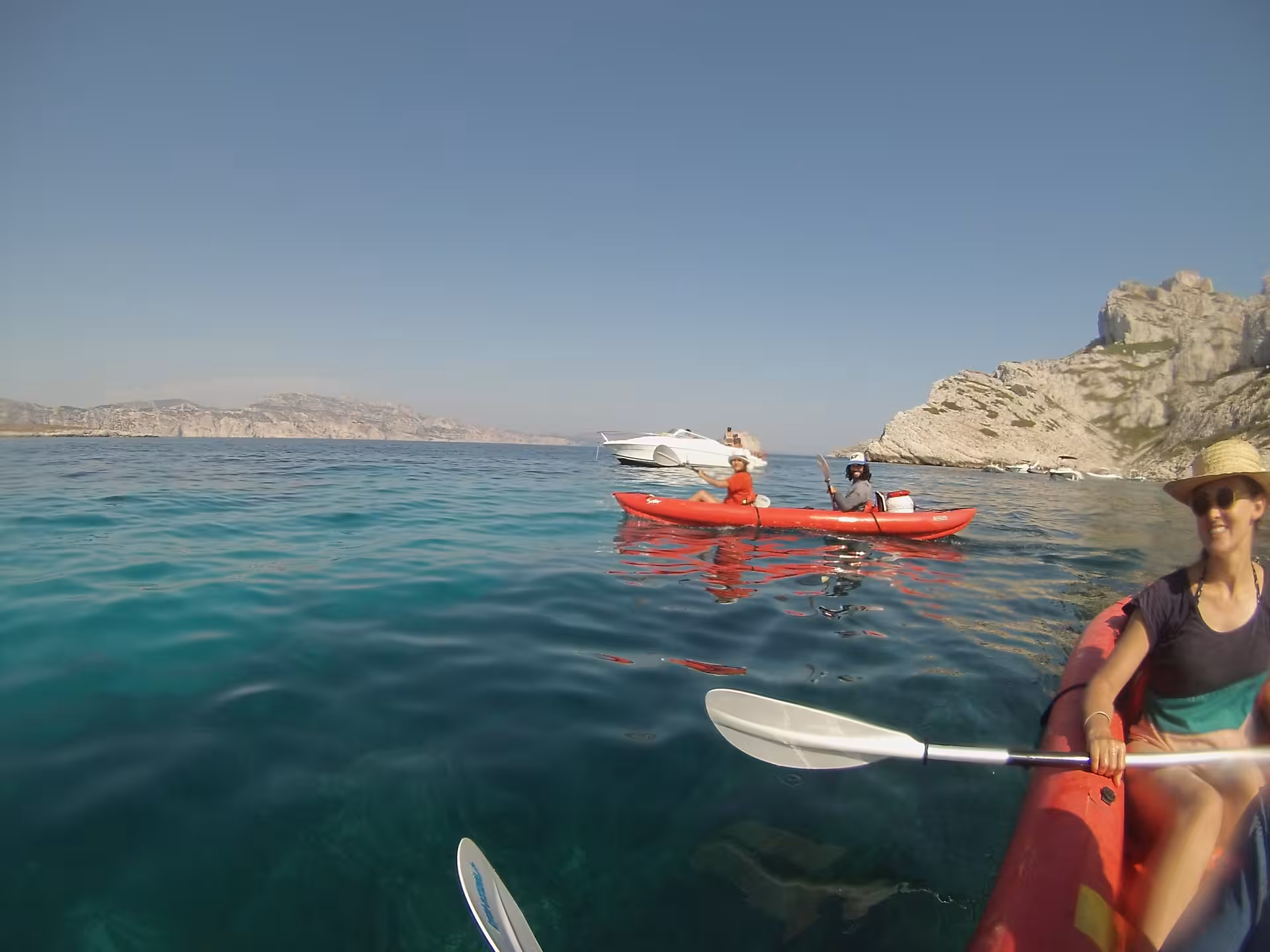 Guided sea kayak in Marseille Calanques, paddling past limestone cliffs and Îles in crystal-clear water
