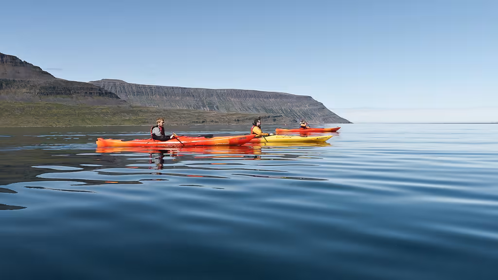 Group sea kayaking on glassy fjord near rugged coastal cliffs, part of the Wild Camp Discovery guided tour