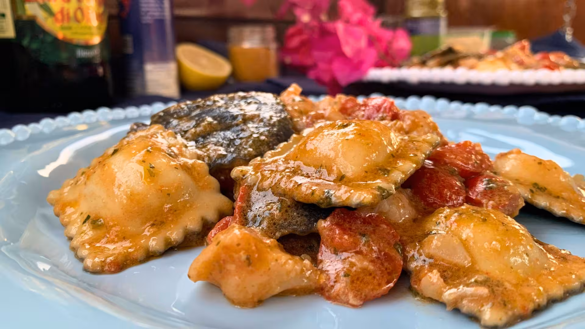 Close-up of delicious seafood ravioli served on a sunset boat tour in La Maddalena Archipelago.