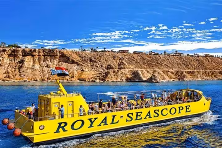 Royal Seascope glass-bottom boat cruising from Hurghada along Red Sea coast for snorkeling and reef viewing