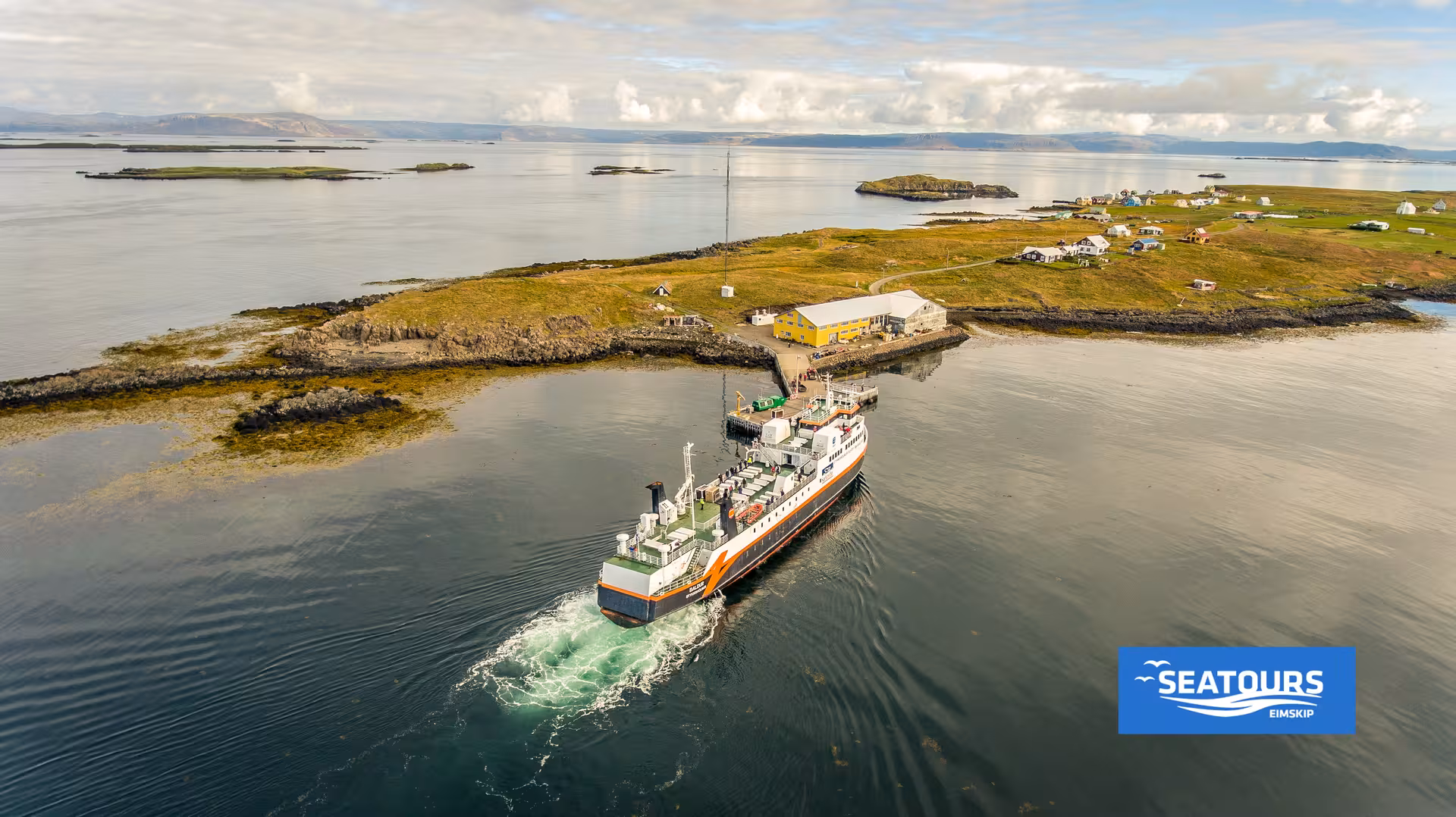 Seatours ferry arriving at Flatey Island pier in Breiðafjörður bay on the Stykkishólmur–Brjánslækur route
