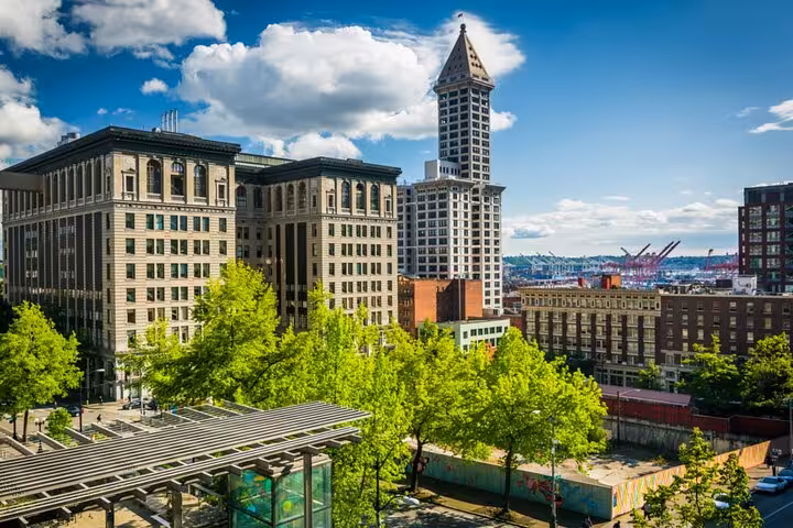 Seattle Pioneer Square skyline with Smith Tower and lush green trees on a sunny day