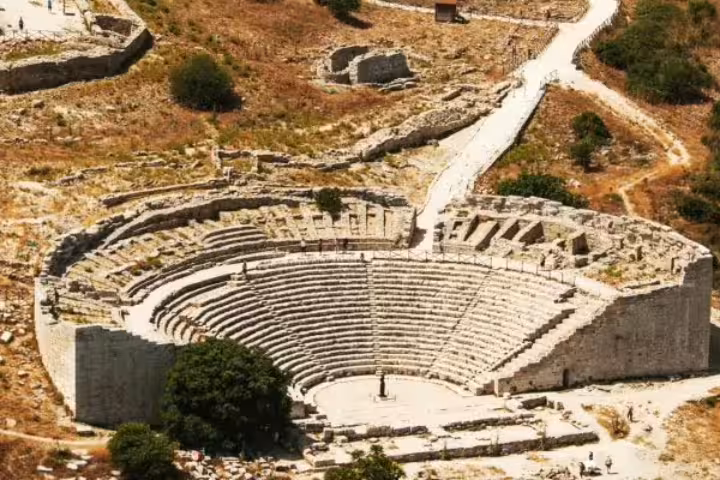 Segesta ancient Greek amphitheater in Sicily, highlight stop on Palermo to Agrigento tour with Erice and Segesta